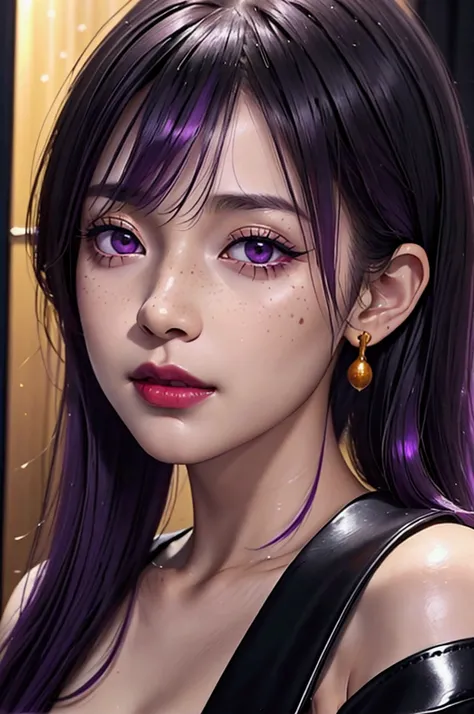 1 girl, Japanese, 4k, realistic, soft skin, texturized skin, long whavy black hair with bangs, purple fade hair, shiny purple eyes, red eyeliners, shining red lips, natural makeup, freckles, round gold earings, off shoulder black leather jacket, tattoo, sm...