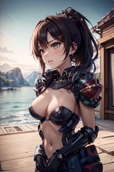 A beautiful girl in armor walking near a lake, hxarmour, amime girl, tiara helmet, armour, (red and black armour:1.3), mountain, big rounds breasts, dark brown hair, long bangs, hair intakes, long hair, ponytail, wavy hair, shiny hair, hairclip, hair ribbo...