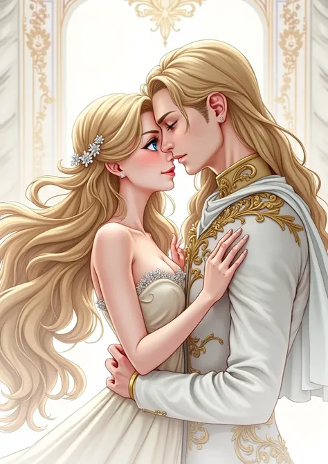  beautiful ,  an exquisite pattern , royal wedding, full of guests,  the groom kisses the bride on the lips ,  and the bride closes her eyes and responds to his kiss ,  incredibly beautiful young blonde with long golden hair, long bangs , with blue eyes, d...