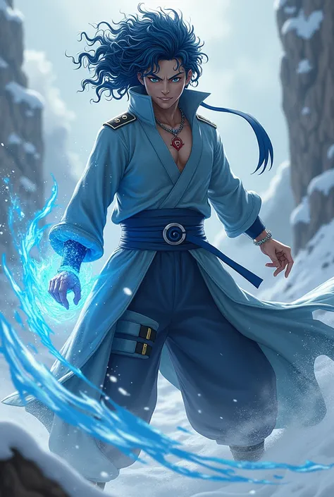 An Uchiha ninja with curly blue hair like military sayajin jounin taijutsu ice and water elements