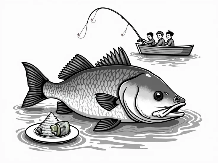 Im looking for a cartoonish-style, minimal colour image for screen printing on a t-shirt. The design should depict a large barramundi half out of the water with a floating dinner plate with a pile of white powder and rolled up $100 Australian note on it. T...