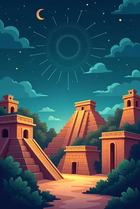 Flat chart illustration in Mayan style with the illustration of a constellation in the sky of a Mayan city