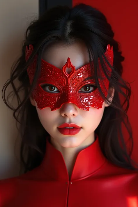 Create a realistic image of a beautiful, sexy Asian girl wearing a red onyx mask