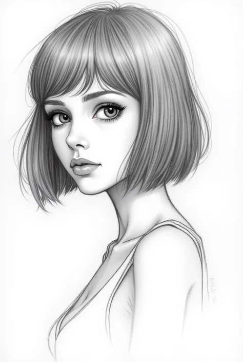 very simple pencil sketch of young woman, big eyes, bob haircut