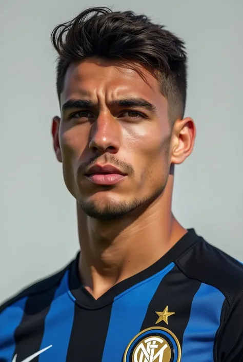 Generate me a portrait of a footballer who plays for the Inter Milan team who has very short hair and looks about 26 years old