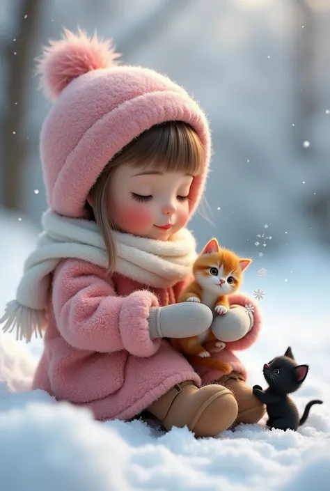 A heartwarming winter scene featuring a  girl bundled up in a fluffy pink coat and white scarf, sitting in the snow. In her mittened hands rests a tiny Munchkin kitten with soft orange and white fur, no bigger than her fingertip, looking up at her with cur...