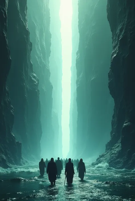 Prompt: A breathtaking cinematic depiction of the Red Sea splitting into towering walls of water. The path through the sea is illuminated by divine light, as the Bani Israil begin their journey across.