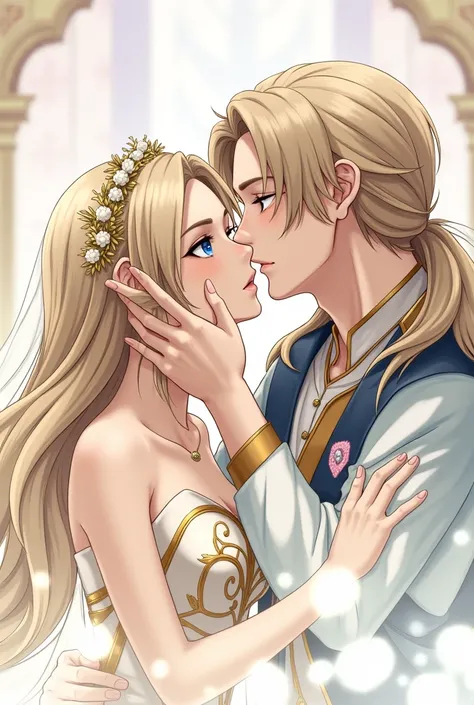  beautiful ,  an exquisite pattern , royal wedding, full of guests,  the groom kisses the bride on the lips ,  and the bride closes her eyes and responds to his kiss ,  incredibly beautiful young blonde with long golden hair, long bangs , with blue eyes, d...