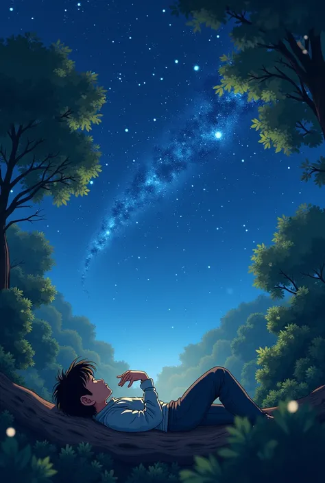 A sparkling, star-filled sky above the forest, with Taro lying on his back, looking up in awe.