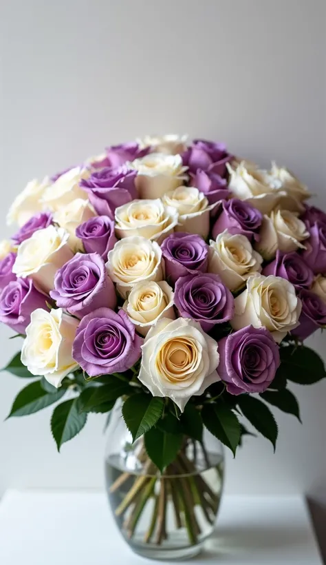 Professional photography of A huge bouquet of cream and purple roses -ar 2:3 -stylize 250 -v 6.1 -style raw