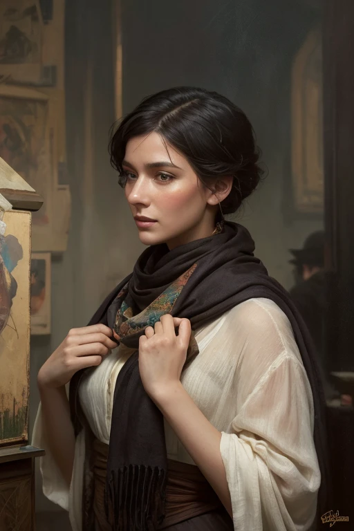 A picture of a woman with a scarf around her neck,  Craig Mullins Alphonse Mucha, Artgerm Craig Mullins, Beautiful character paintings, rhadsとlois van baarle, Artgerm and Atey Ghailan ,  Gorgeous dark woman wearing Charlie Bowater , Lostrun 8k, ( ( Mads Be...