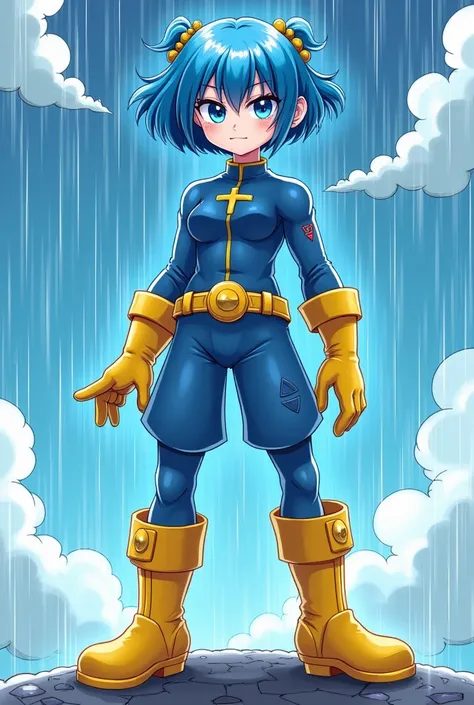  She is a girl with short blue hair  (with some hair tied ),  white skin , yellow boots,  blue clothes and blue eyes . Pluvia  ( whose real name is Patty Storm )  is very grumpy and vengeful .  When she transforms into Pluvia  ,  gets the powers of rain an...