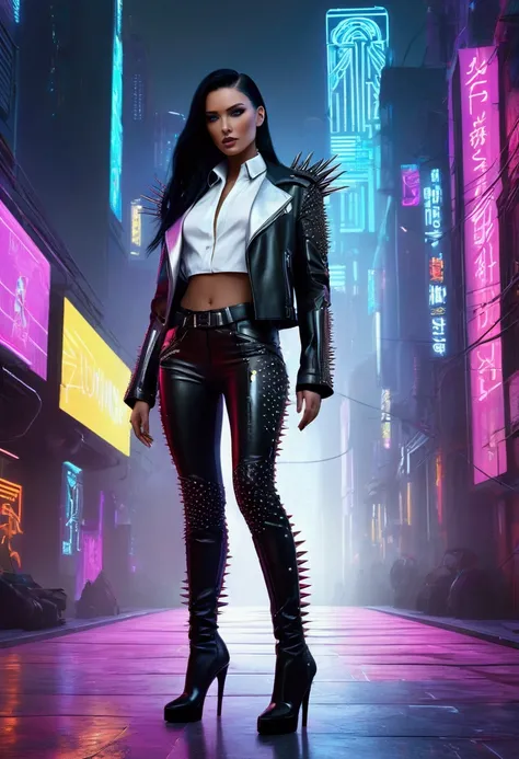 A captivating and futuristic 3D render of a cyberpunk-inspired fashion scene featuring a stunning supermodel with long, sleek black hair. Confidently strutting down a neon-lit runway, illuminated by the vibrant glow of a dystopian cityscape, the model wear...