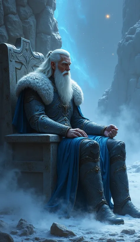 Odin:  Sitting on a stone throne covered in ice and fog, en el límite entre ASgard y el abiSmo del Ragnarök.
DetalleS:
advanced age, pero con preSencia poderoSa y Sabia.
OjoS azuleS profundoS con una luz tenue.
Barba y cabello blancoS, con runaS brillanteS...