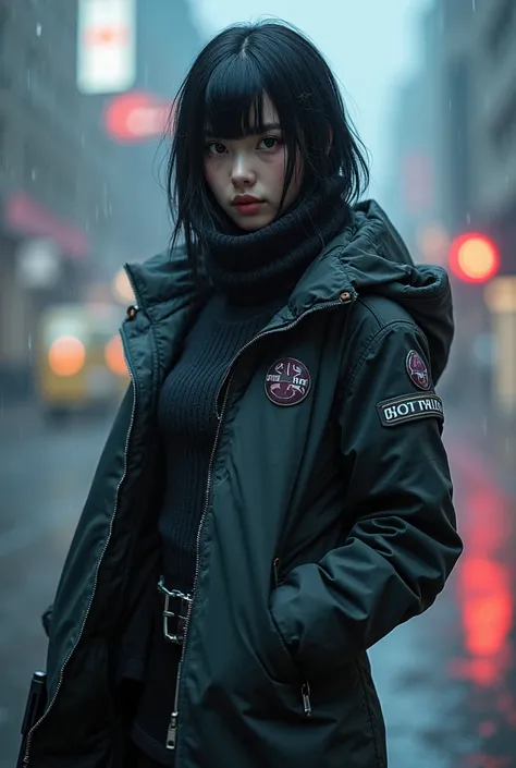 masterpiece, (Photorealsitic:1.4), Raw photo, Cyborg,　winter　clothing, rainy day,　military uniform,　gun,　dark hair, 1 Cyborg Girl, ((super realistic details)), global　illumination, Shadow, octan render, 8k, ultrasharp, character edge light, tits, Details o...