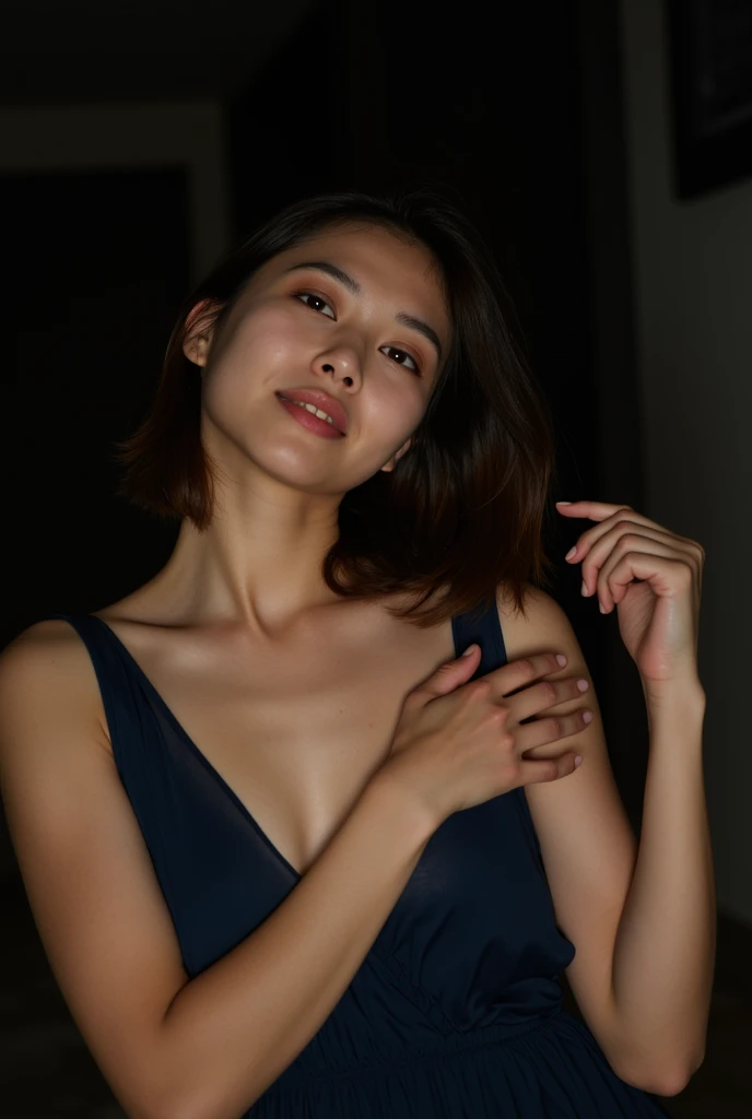 Young asian girl, lil girlfriend, 11s, wearing chiffon dress, thin and tight dress, ((POV)), messy hair, full body, bigboobs, chubby, posing sexy, just girls, realistic, photography, dark place, no light, poor light quality, middle of night, undressing, ha...