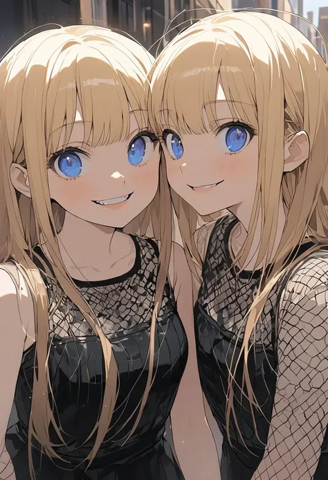 2D Anime Style、twins Girls, identical, Blue eyes、Beautiful shining eyes,  (Talented lo-fi:1.3),breasts are slightly larger、high and beautiful nose,Beautiful profile with a slender outline,A cool adult woman with short blonde hair、Biting your lip,Fashion th...