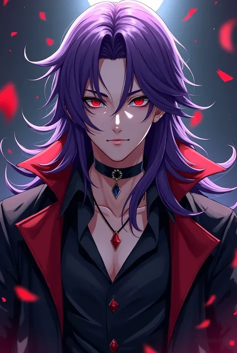 anime, man at night .
 Long purple hair . Ojos rojos. with necklace.  Black clothing and accessories, red and purple .