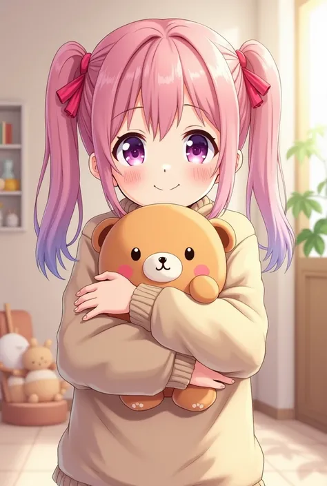 A cheerful anime girl with big, sparkling eyes, pastel pink hair tied in two playful pigtails, wearing a cozy oversized sweater and holding a cute stuffed animal. She has a bright, warm smile and a blush on her cheeks, standing in a soft, pastel-colored ro...