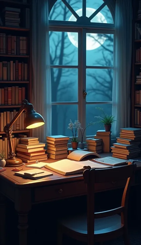 Study table image with full of books in night
