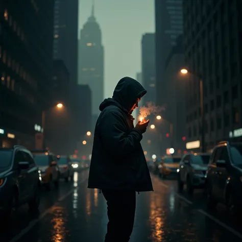  Make a hip-hop music cover in dark colors ,  an evening gray metropolis , it&#39;s raining, cars,  passers-by in the center smoking silhouette in the hood
3000 * 3000
Description for the cover :
 Main scene :

 The image of an evening metropolis with tall...