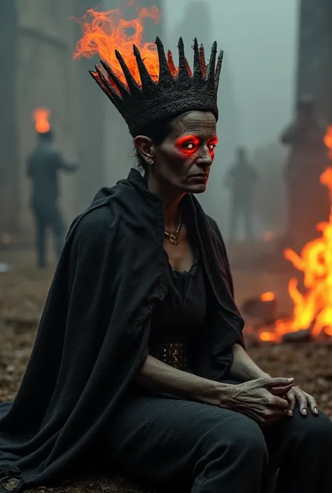 not emotional and cold Undead queen, spiked crown of hellfire, glowing red eyes, hyper-realistic, by Brom: Ultra-detailed of a -pale queen. Elaborate crown of blackened metal spikes, each tip flickering with hellfire. Eyes blaze with intense red light, pup...