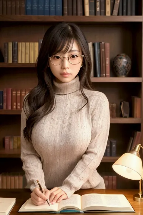 Shoko, a sophisticated Japanese woman with a proportionate figure (bust 85 cm, hip 90 cm), is sitting at a wooden desk in a cozy library. She is wearing a fitted turtleneck sweater and stylish glasses. The ultra-realistic scene includes shelves filled with...