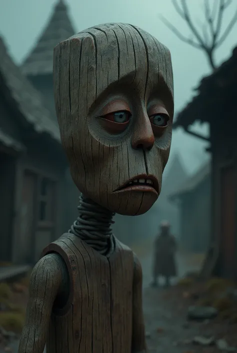 
Animated wood with sad face in a 
 village with no lights
