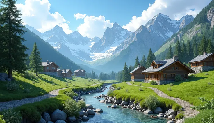 A picturesque mountain valley with wooden alpine chalets nestled among lush green meadows. A crystal-clear stream flows gently through the scene, bordered by stone-lined banks and small pathways leading to the houses. In the background, towering snow-cappe...