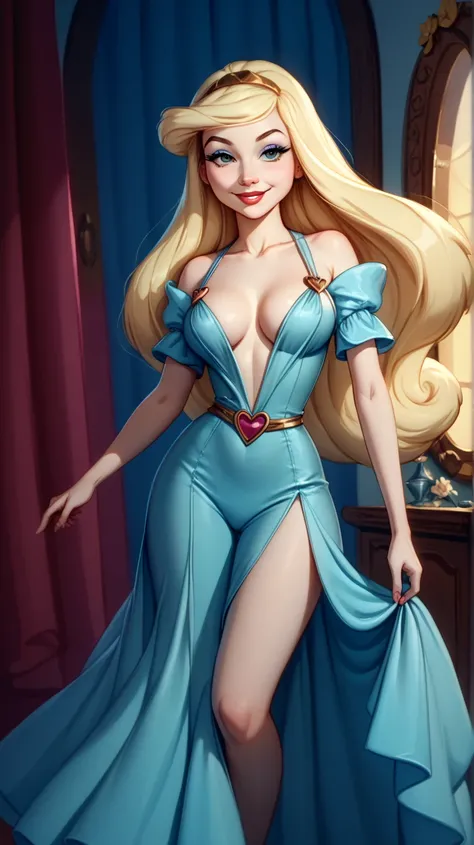 Minerva Mink from animaniacs at full height, human, Very long straight hair, silky hair,  painted eyes, 
a seductive look, painted lips, a charming smile, gorgeous figure, bare hands, big boobs, 
sexy leg pose, fantasy outfit, fantasy robe, the long dresss...