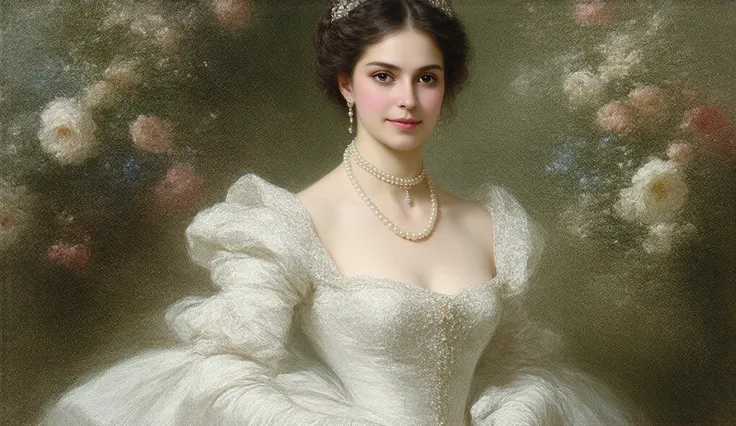 In 1878, Empress Elisabeth of Austria, known as Sisi, is depicted wearing a stunning elegant white gown adorned with intricate lace and pearls, standing amidst a lush garden filled with vibrant flowers, as she gazes serenely into the distance with a hint o...