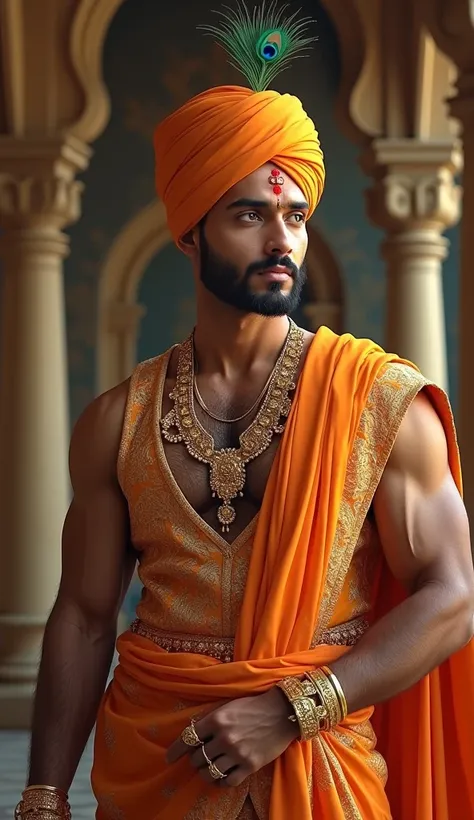 Create a majestic Indian prince with white skin and a muscular build. He is dressed in vibrant orange traditional clothing, and his turban is adorned with a single peacock feather. Red tilak on forehead,The prince has slightly blue eyes and is embellished ...