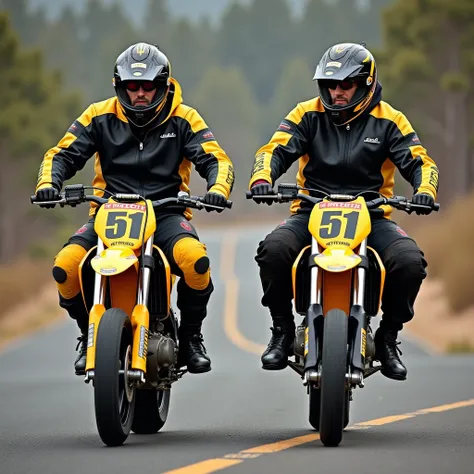 Two grown guys are sitting on pit bikes and working very hard in Nike black and yellow leather sports jackets with patches, Nike black and yellow leather sweatpants with patches and black and yellow leather hoodies on the heads