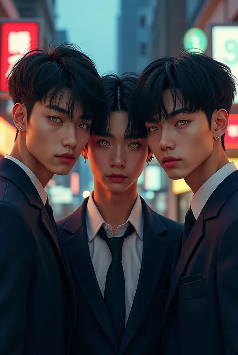 Trio of handsome Asian boys wearing school uniforms and ear piercings, cinematografía,  photorealistic ,  yellow eyes, Hyperrealism, 