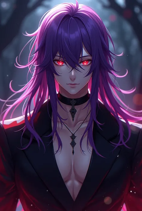 anime, man at night .
 Long purple hair . Ojos rojos. with necklace.  Black clothing and accessories, red and purple .