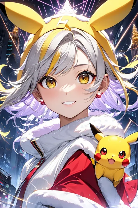 （masterpiece, best quality:1.2), (absurdres,  highres icon, ultra-detailed), (perfect anatomy), 
1 Japanese ( Pokémon Pikachu) woman,(( Pokémon Pikachu)),Personification,（Pikachu）,smiling
22yo,beautiful eyes00 , 
 ((multicolored hair , dark  yellow hair,  ...