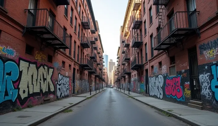 An old brick building in New York with every wall covered in hip-hop graffiti, metal fire escapes above, and a narrow asphalt street leading to a skyline view. Camera at street ground view level.