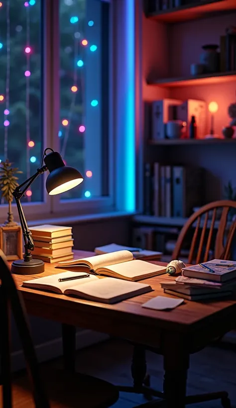 Study table image with full of books in night with decoration of wall with decoration led colourfull
