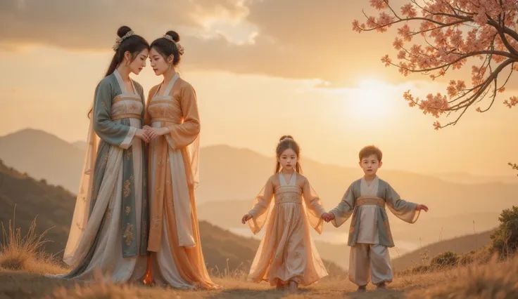 Tang Dynasty，Zoom out，Under the sunset，Parents holding hands ，sideways，Women lean on men，Two kids playing in front of their parents ，Girl wearing Hanfu，Boy wears Crewneck robe ， symbolizes the heritage and eternity of love。