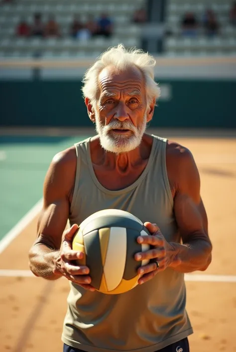 oldman volleyball player holding volleyball in court