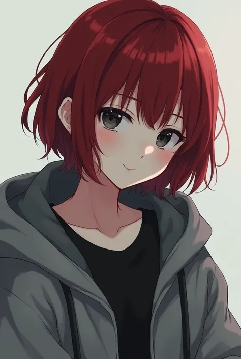  Create an anime-style character with the following characteristics,Very dark red hair  , white skin  , black eyes black shirt and gray sweatshirt 
