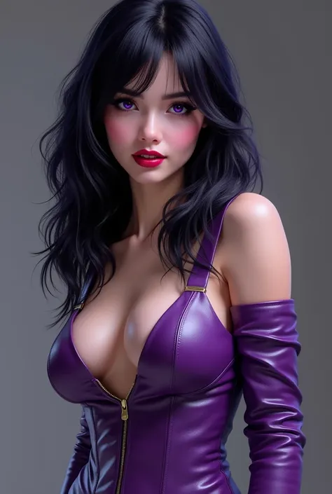   young woman wearing purple leather clothes and black hair with violet lights. ,  small red lips ,  small breasts ( without bra ), with purple eyes , Look seductive mischievous smile  