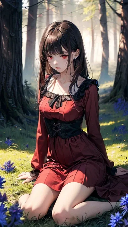 ( Masterpiece),(top-quality:1.2), super detailed, watercolor style ,(  Perfect Anatomy  ),(( stretch your back)),(((( 1 girl))), owl，(( red gothic long dress )),( Long Sleeve ),( Long greyish brown hair ),Layering, red eyes with beautiful details , Look Do...