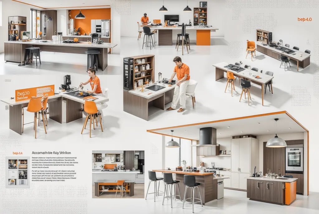 a tok composite photo of a modern kitchen posing at different angles, in the style of tok, a modern kitchen, hold a sign with te...