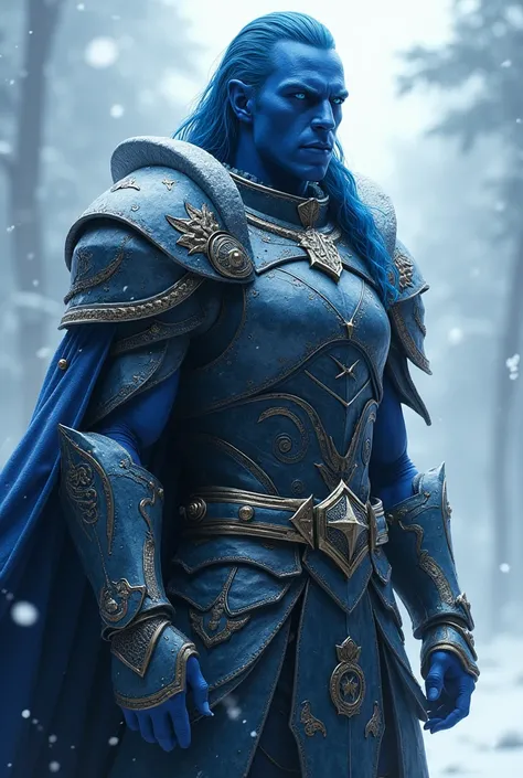 A great warrior,  an incredibly handsome Drow man , a general ,  long blue hair combed back, black skin, strong construction , blue eyes completely, in incredible armor , snow