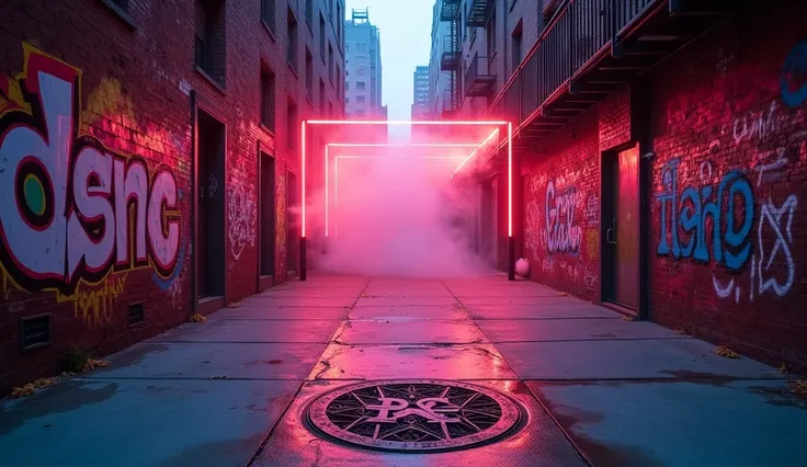 A dance stage in the middle of a New York alley, with graffiti-tagged walls, neon-lit panels, and smoke rising from a manhole, creating a hip-hop street party atmosphere. Camera at street ground view level.