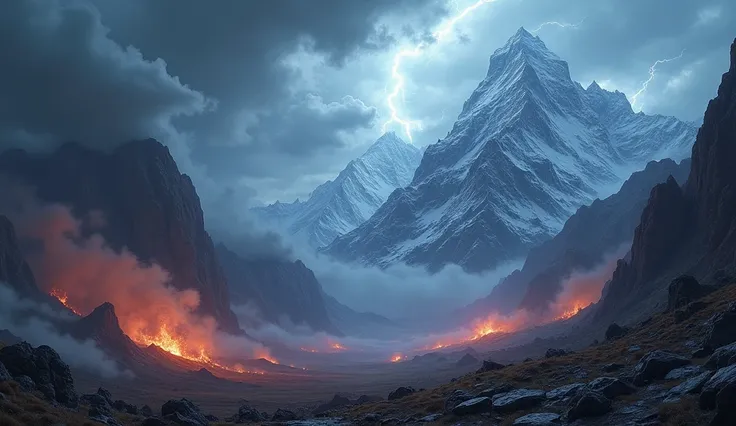 a photorealistic image of mountains and lightning in the sky, on the ground there is fire