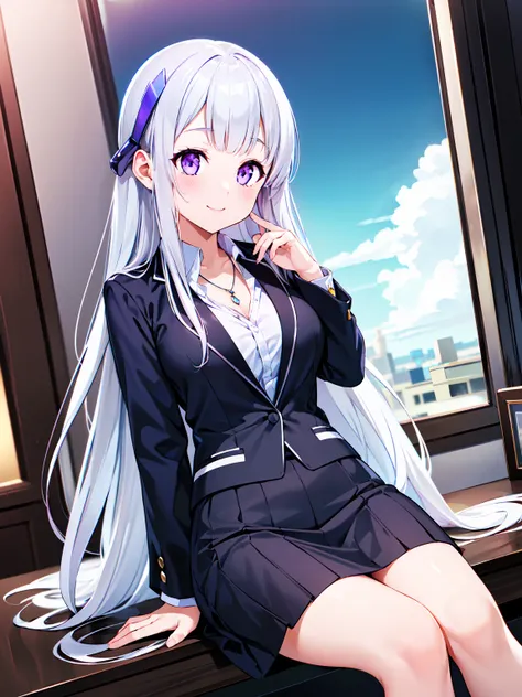 (8k Ultra HD, Ultra high resolution), (masterpiece:1.3), (((best quality, light purple eyes, finely detailed beautiful eyes))), extremely delicate detailed, natural light, solo, sitting, enjoy, smile, hime cut, (platinum hair), long straight hair, Office L...