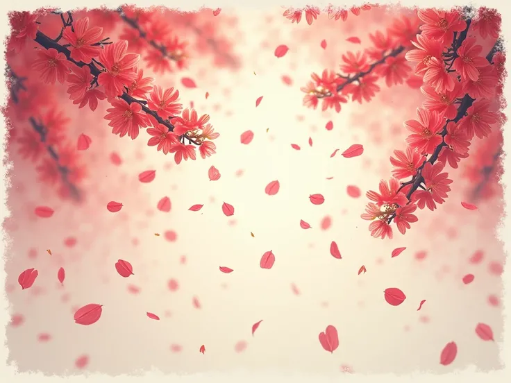 masterpiece, Rain of Petals ,It makes me feel the flow of time, best quality,  HD Model,  simple background, Faded frame with film noise, Minimalist ,  illustration , 