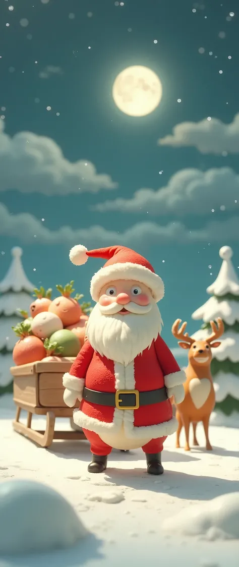 (masterpiece:1.2,Outstanding quality,Mirror finish, cinematic experience , best illustration , super detailed),8k,wallpaper,(Daikon daikon daikon dressed as Santa Claus :2.0),(reindeerがそりに沢山の日本の白大根を積んで夜空を走る:2.0),(reindeer:2.0),(Beautiful night sky and moon...